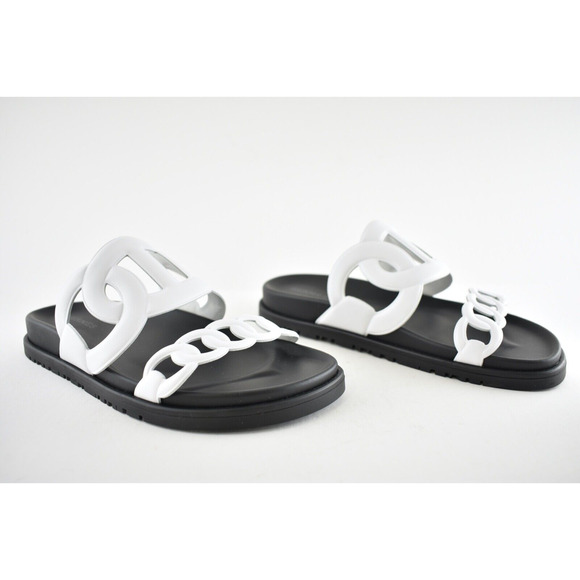 Hermes Extra Sandals White Black Chaine d'Ancre Leather Logo Slide Mule Flat 37 - Picture 4 of 12